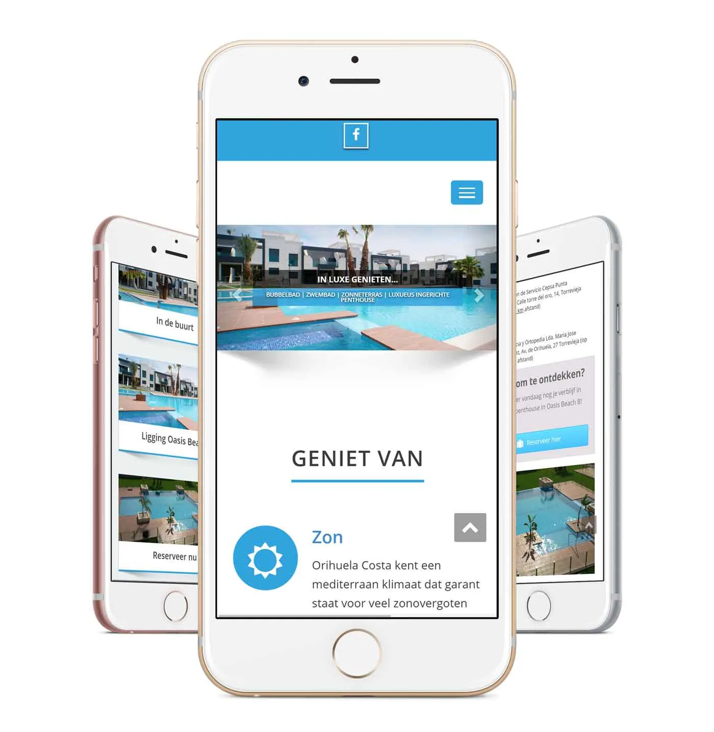 De mobiele versie van de verhuurwebsite op drie smartphones