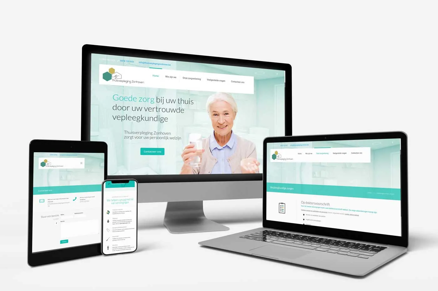 De website van de thuisverpleging op een computerscherm, laptop, tablet en smartphone