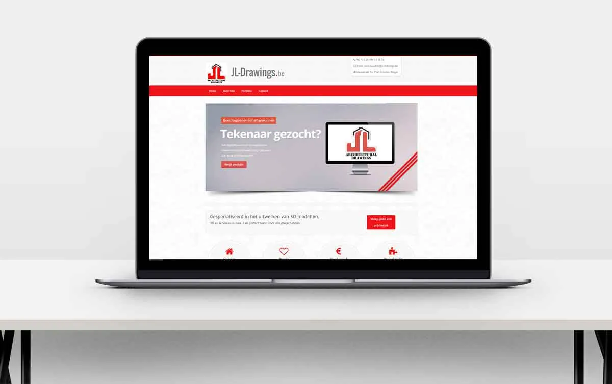 De startpagina van de portfoliosite in rood en wit op een laptop